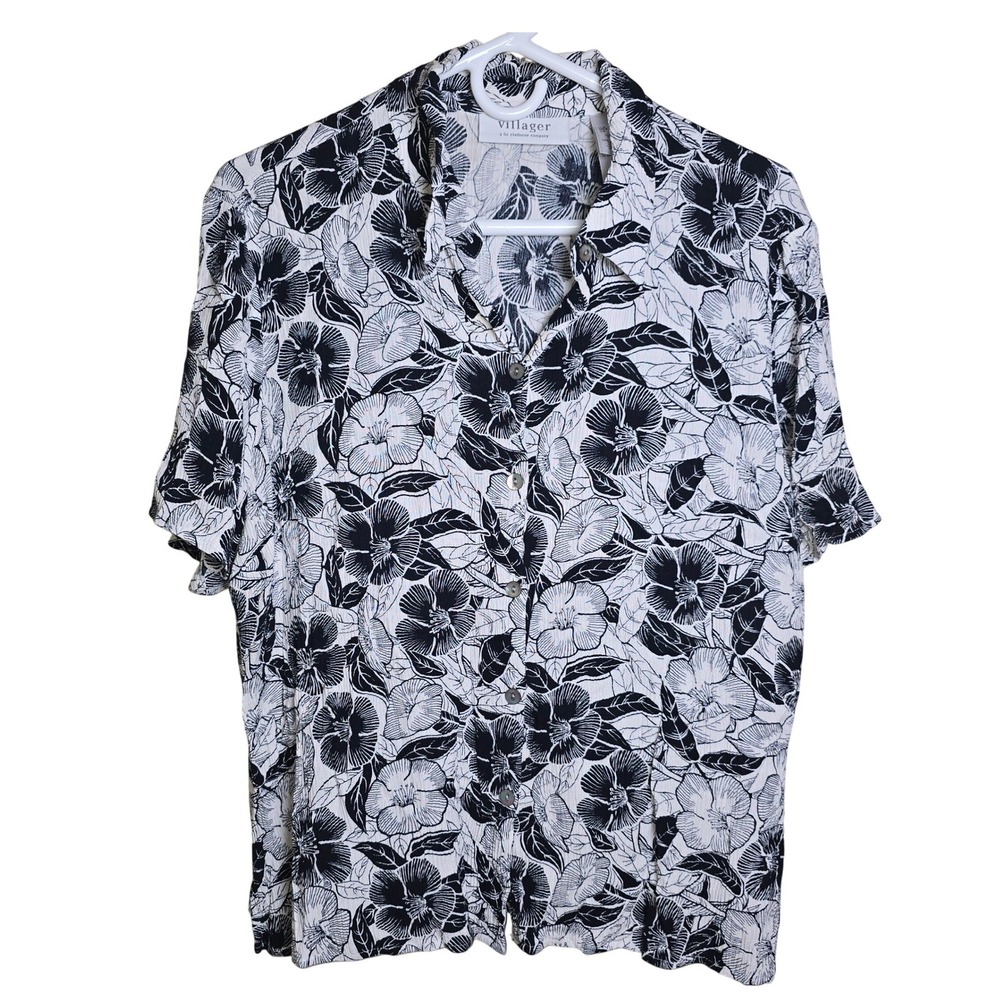 Liz Claiborne Villager Womens Large Black White Floral Short Sleeve Rayon Button